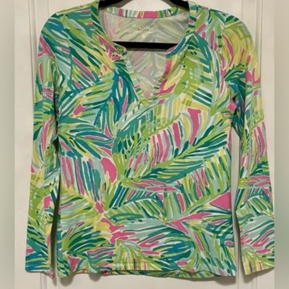 Lilly Pulitzer Tropical Leaves Top Long Sleeve V Neck Beach Preppy Resort Small - Picture 4 of 13